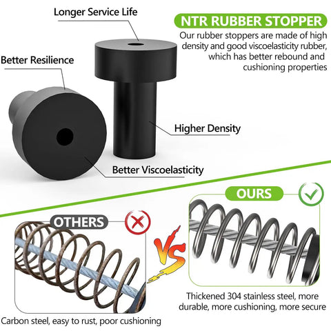 Comparison of NTR rubber stopper with zipline spring highlighting longer service life, better resilience, and cushioning properties