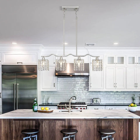 Crystal Chandelier Four Light Linear Raindrop Pendant Ceiling Light With Nickel Finish above kitchen island, 59 inch rod