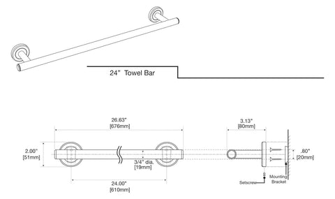 Technical drawing of Latitude II 24 Inch Wall Mounted Towel Bar in Brushed Brass, showing dimensions and mounting details.