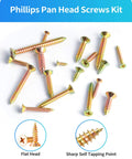 Assorted Phillips flat head self-tapping screws from the 600 Piece Stainless Steel Wood Screws Kit With Zinc Plated Finish.
