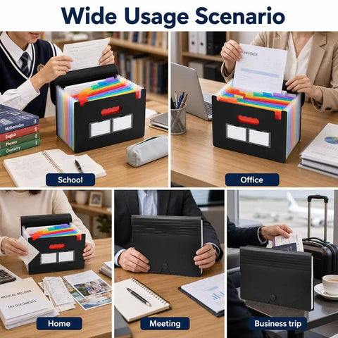 13 Pocket Accordion File Organizer With Cover Labels Portable Expanding File Folder Black used in school, office, and travel