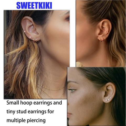 Six Piece Earring Set For Multiple Piercings With Lightweight 14K Gold Plated Tiny Huggie Hoop Earrings And Flat Back CZ Stud Earrings For Cartilage Helix And Lobe Piercings Hypoallergenic And Ear Stack Ready.