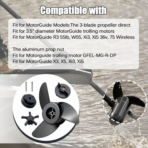 3.5 Inch Trolling Motor 3 Blade Propeller With Aluminum Prop Nut Replacement Fits MotorGuide XI3 XI5 MGA089B displayed on boat