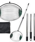 Straight Up Easy Roll Pine Cone Picker Upper With Telescoping Handle And Wide Steel Basket For Yard Cleanup, showing components and storage bag.