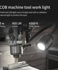 450 Lumen COB LED Work Light with flexible gooseneck attached to machine tool illuminating workspace