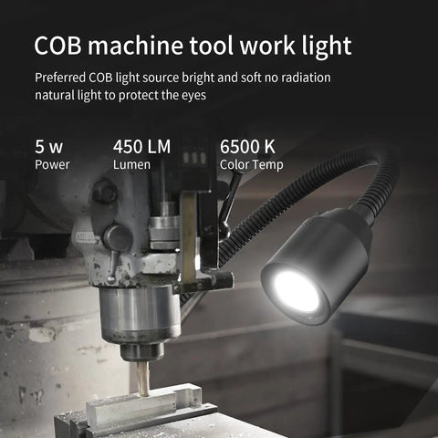 450 Lumen COB LED Work Light with flexible gooseneck attached to machine tool illuminating workspace