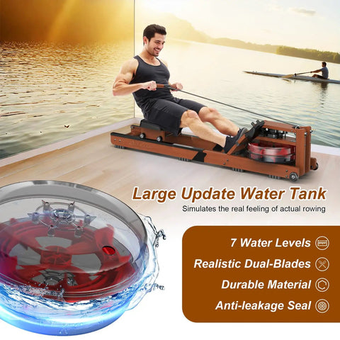 Water Rowing Machine For Home Gym With Wooden Frame And 400 Lbs Capacity, Bluetooth App Connectivity in modern room setting.
