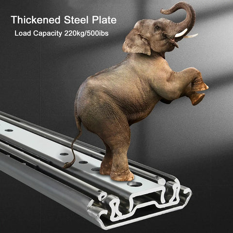 Elephant standing on heavy duty drawer slides with locking rails and full extension side mount ball bearing glides 500 lbs