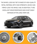 M12x1.5 Wheel Lock Lug Nuts Set 4 Pcs Anti Theft Chrome Locking Lug Nut Kit With 1 Key for Toyota and Lexus with car background