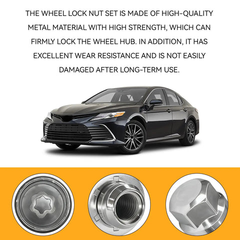 M12x1.5 Wheel Lock Lug Nuts Set 4 Pcs Anti Theft Chrome Locking Lug Nut Kit With 1 Key for Toyota and Lexus with car background