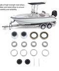 Beefed Up Boat Trailer Axle Hub Wheel Bearing Kit with grease seals and 1.98 inch dust caps shown with boat trailer