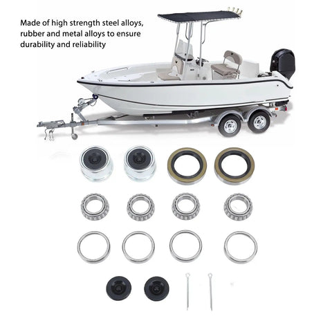 Beefed Up Boat Trailer Axle Hub Wheel Bearing Kit with grease seals and 1.98 inch dust caps shown with boat trailer