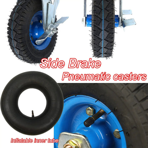 Premium Heavy Duty Fixed Caster Wheels With Thick Rubber Tires Eight Inch And Ten Inch Industrial Rollers Galvanized Steel Brackets Built Tough Floor Castors For Cart Repair showing side brake and inner tube.