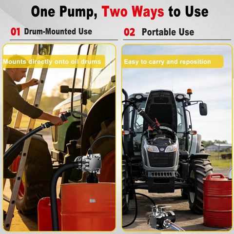 Beefy 8 GPM 110V Electric Fuel Transfer Pump Kit showing drum-mounted and portable use with tractor and oil drum