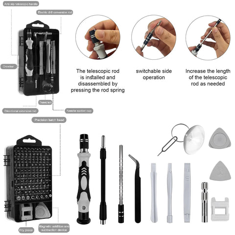 Front view: 212-piece 3D printer tool kit in a black case with tweezers, spatulas, deburring tools and bits