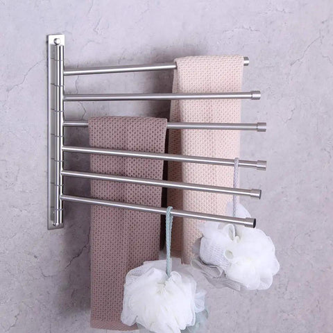 Six Arm Swing Arm Towel Bar Wall Mount Rack In Brushed Stainless Steel For Bathroom Space Saving Towel Organizer displayed on wall