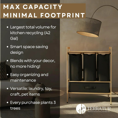 Four Section Bamboo Recycling Bin With Dual Trash And Recycle Bins For Kitchen Or Office Dope Sleek Wooden Recycling Organizer For Paper Plastic Cans indoor unit shown in room setting