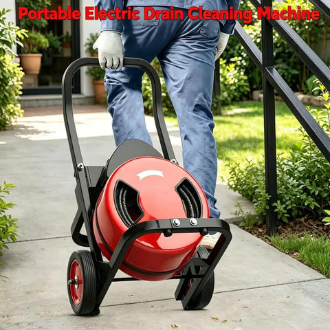 Heavy Duty Electric Drain Auger With Auto Feed And Six Easy Swap Cutters visible on a portable wheeled cart for easy transport.