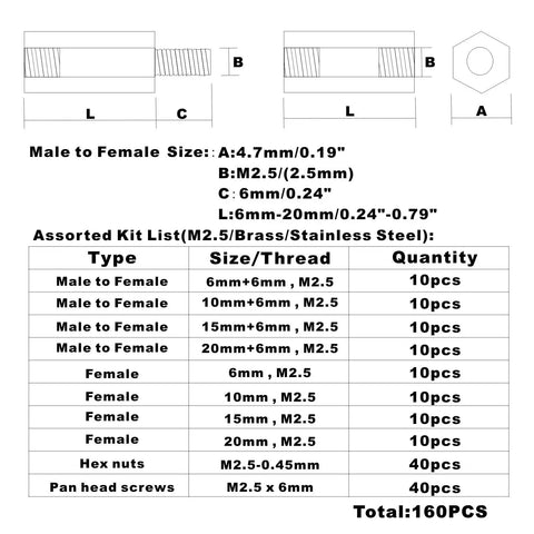 160 Pieces M2.5 Brass Spacer Standoff Kit With Stainless Steel Screws And Nuts Male Female Assortment Hex Standoffs List