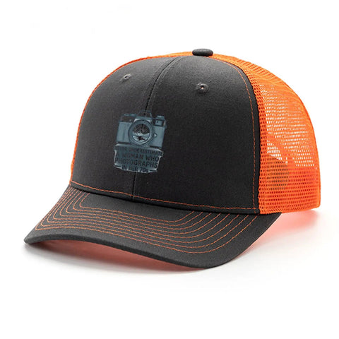 Retro Cotton Baseball Cap For Men Lightweight Breathable with orange mesh and camera graphic on the front panel.