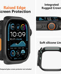 amBand rugged metal bumper for Apple Watch 46mm, black with orange crown, includes back cover, front view