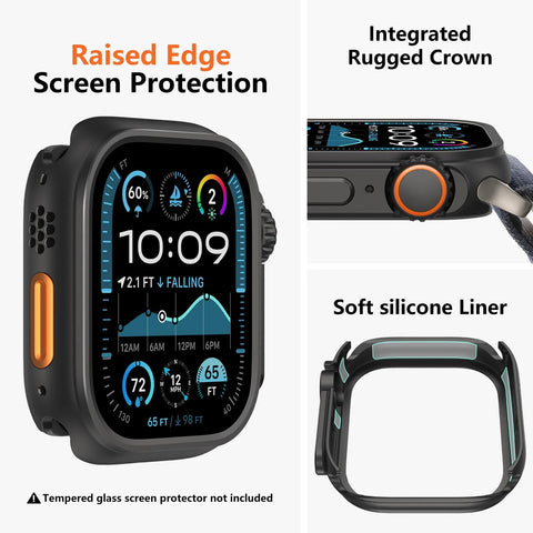 amBand rugged metal bumper for Apple Watch 46mm, black with orange crown, includes back cover, front view