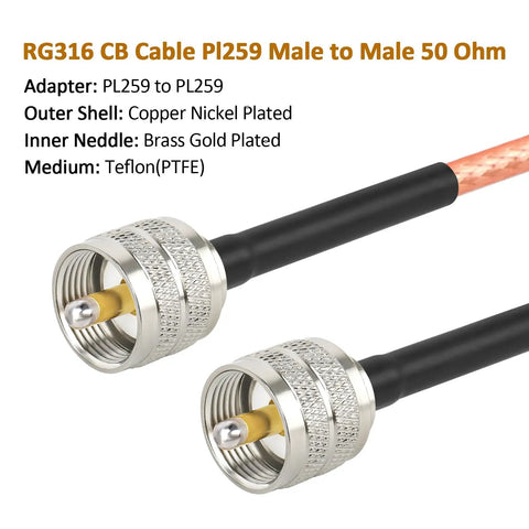 RG316 Coax Cable 25 Foot UHF PL259 Male To Male 50 Ohm, copper nickel plated shell