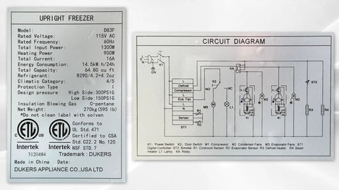 Upright Freezer specifications and circuit diagram for Commercial Three Door Reach In Freezer With Heavy Duty Stainless Steel Build ETL Certified Upright Setup 64 Cubic Foot Capacity.