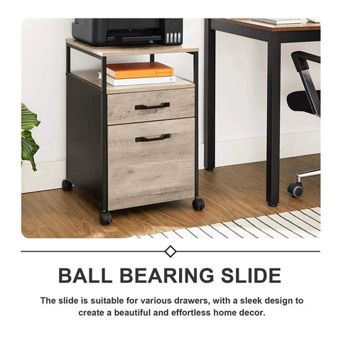 Mobile file cabinet with ball bearing slide next to desk in office setting, featuring wooden drawers and metal frame.