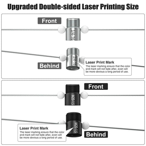 Upgraded laser printing size on Nut and Bolt Thread Checker Detachable Wire Loop 18 Inch and 16 Metric Gauges Front Back View