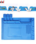 Heat Resistant Silicone Repair Mat With Built In Scale Ruler And Screw Positioning For Soldering Iron Phone And Computer Repair Size 17.7 By 11.8 Inches 124 Screw Holes 3 Covered Storage Pockets Keeps Workbench Safe From Heat, blue color