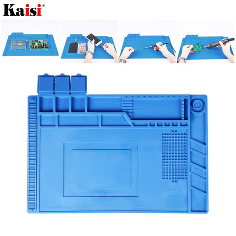 Heat Resistant Silicone Repair Mat With Built In Scale Ruler And Screw Positioning For Soldering Iron Phone And Computer Repair Size 17.7 By 11.8 Inches 124 Screw Holes 3 Covered Storage Pockets Keeps Workbench Safe From Heat, blue color