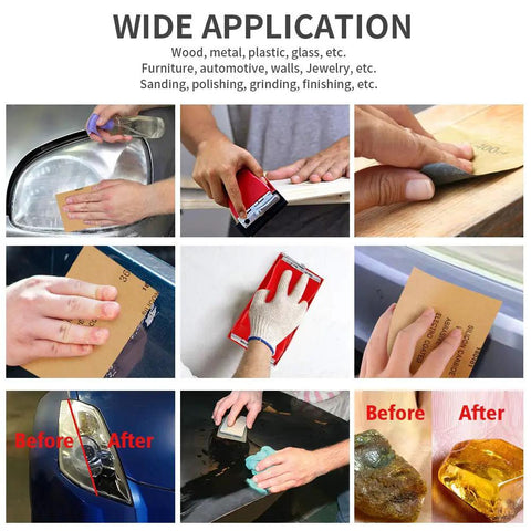 Multiple uses of 42 Piece Sandpaper Set With Handle Wet Dry Grit Range 120 To 3000 Pro Grade Silicon Carbide Sheets Abrasive Assortment.