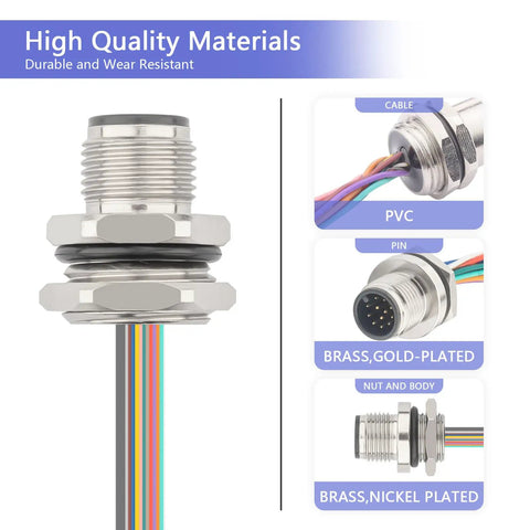 Image showing M12 12 Pin A Code Male Aviation Connector Cable 0.2M Back Mount with PVC cable, brass gold-plated pins, and nickel-plated nut.