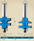 Rail and Stile Router Bit Set with Half Inch Shank for Cabinet Doors and Shaker Style Frames, size dimensions labeled