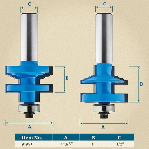 Rail and Stile Router Bit Set with Half Inch Shank for Cabinet Doors and Shaker Style Frames, size dimensions labeled