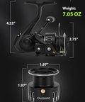 Lightweight Spinning Reel With Heavy Duty Carbon Fiber Frame, 5.2:1 Gear, 5+1 Bearings, 20 Lb Max Drag, 7.05oz, dimensions labeled