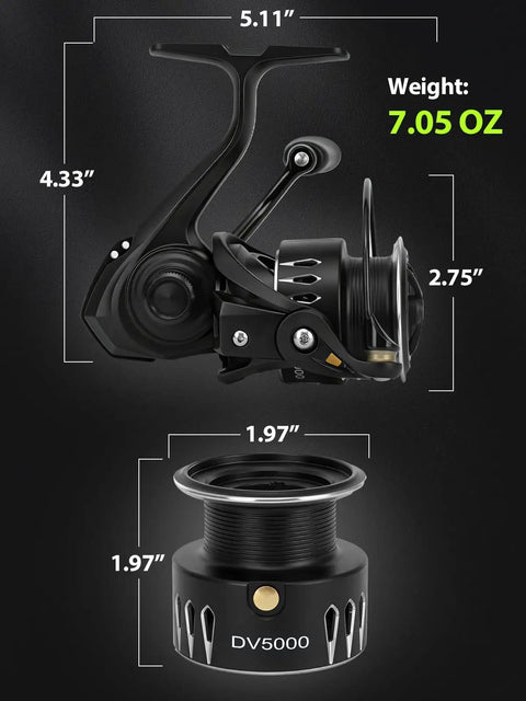 Lightweight Spinning Reel With Heavy Duty Carbon Fiber Frame, 5.2:1 Gear, 5+1 Bearings, 20 Lb Max Drag, 7.05oz, dimensions labeled