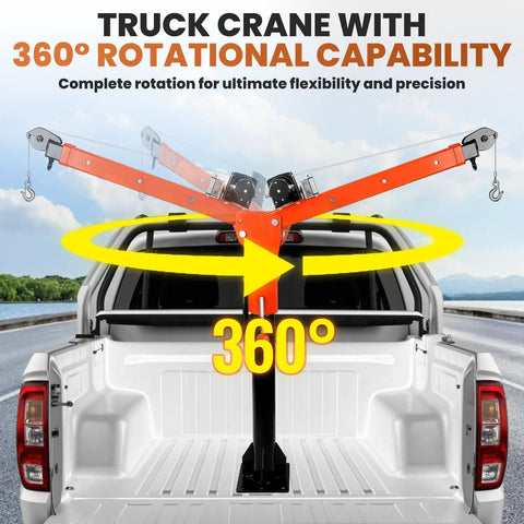 Solid As A Rock Folding Truck Bed Crane With 1100 Lb Capacity And 2000 Lb Electric Winch 12V 360 Swivel Alloy Steel jib hoist in truck bed.