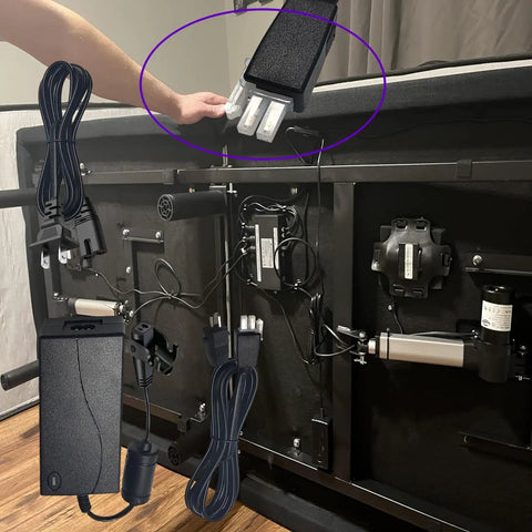 Premium Fesasn 29V2A Electric Power Adapter For Extend Ergo Sealy Ease Serta Adjustable Bed Frame with cables connected.