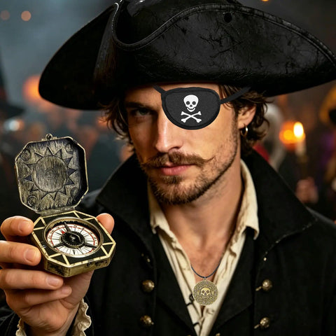 Top Shelf Black Renaissance Pirate Tricorn Hat Set With Distressed Faux Leather Finish Including Realistic Eye Mask Chain Necklace And Antique Style Brass Compass, man wearing pirate costume.