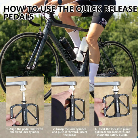 Ultralight 9/16 Inch Bike Pedals With Quick Release And 3 Bearing Design shown in use on road bike