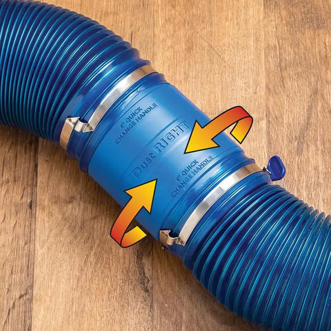 Heavy Duty 4 Inch Dust Collector Hose Splice Fitting With Quick Change Handle And Built-In Swivel To Stop Hose Twisting with secure clips.