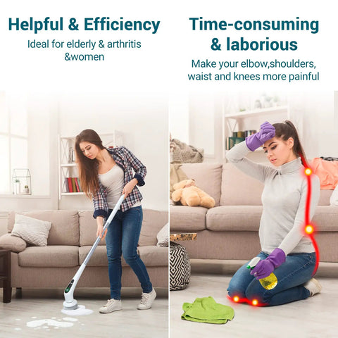 Woman using Cordless Spin Scrubber With LED Display Clean Like A Boss In No Time 350 RPM Power 9 Replaceable Heads