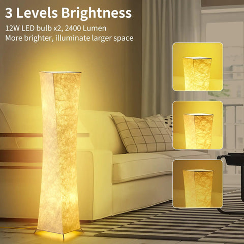 Tall Dimmable Floor Lamp with 52 Inch Frame, 3 Brightness Levels, dual 12W LED Bulbs, White Fabric Shade, living room setting