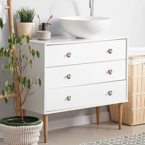 Rooster Themed Gold Cabinet Knobs 4 Pack Round Drawer Pulls on White Dresser in Modern Interior