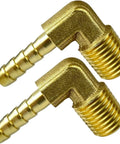 2 Pack 1/4 Inch Hose Barb To 1/4 Inch NPT Male 90 Degree Beefy Brass Elbow Fittings, leak resistant, for air and fluid lines, closeup view.