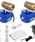 Automatic Water Leak Shut Off Valve System with dual valves, sensors, loud alarm, 3/4 NPT fittings, components displayed
