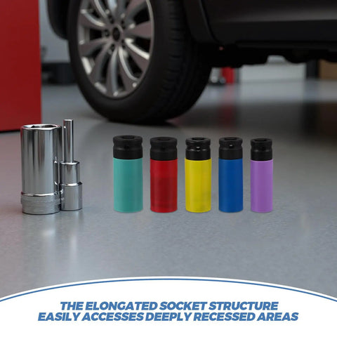 Premium Wheel Protector Nut Socket Set 5 Piece Thin Wall Impact Sockets With Durable Plastic Lug Sleeves For Fast Tire Repair Rim Care And Hub Fixing On Cars And Motorcycles Using Pneumatic Or Electric Wrenches, angled view with five color sleeves