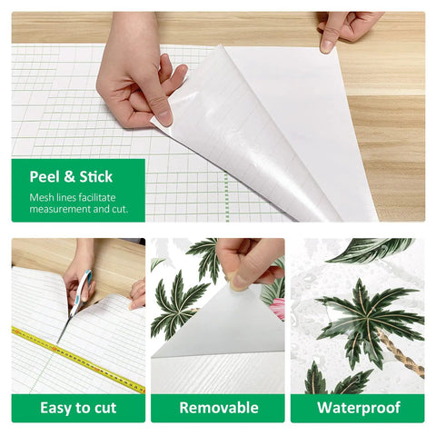 Close-up of Tropical Palm Leaf Dope Easy Peel and Stick Wallpaper, showing peel and stick feature, cutting, and tropical design.